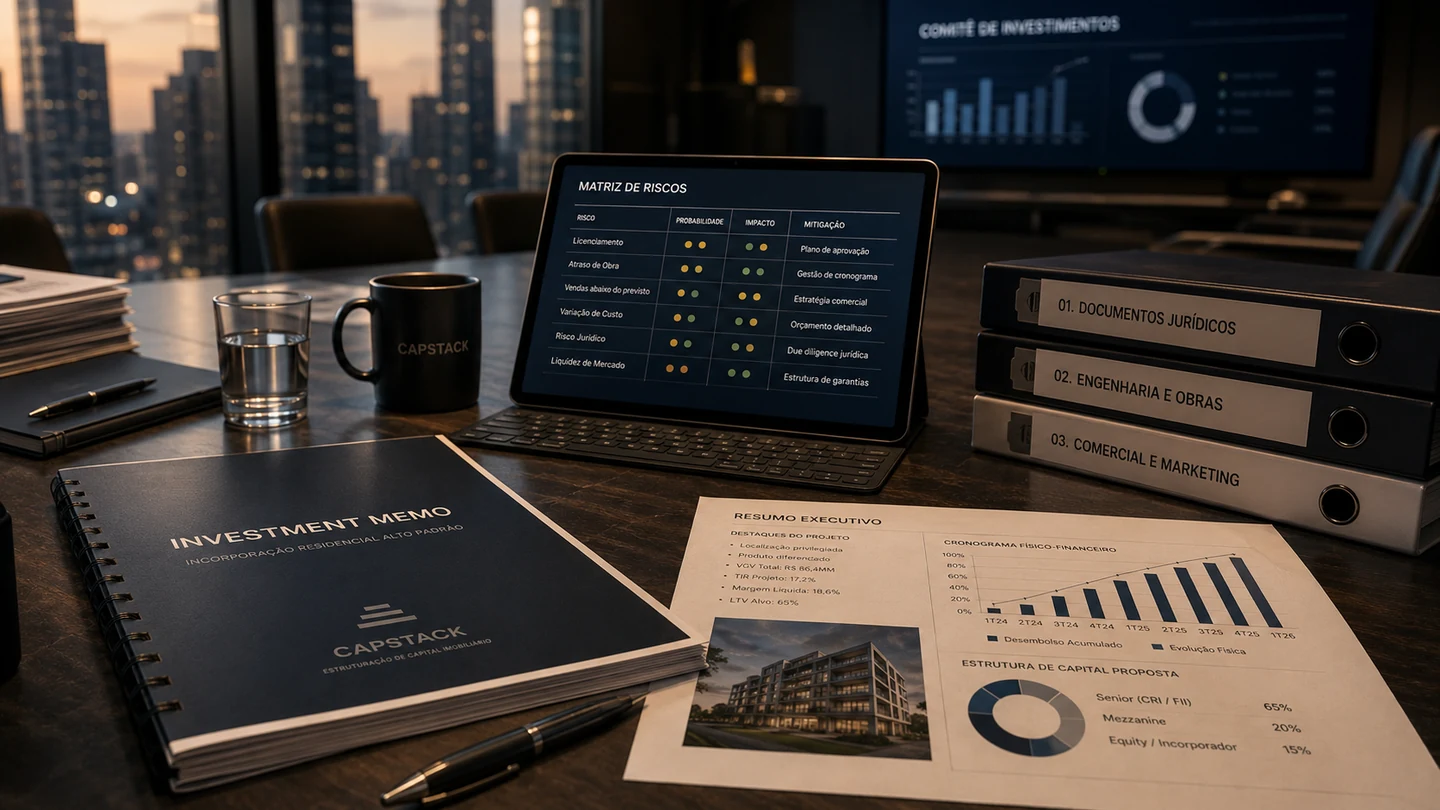 Investment memo, matriz de riscos e estrutura de capital de um projeto imobiliário