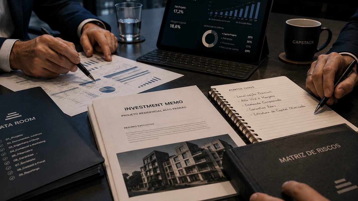 Executivos analisando um investment memo, riscos e indicadores financeiros