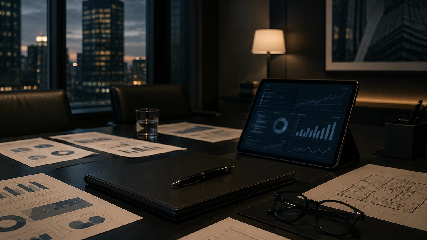 Mesa de trabalho com análises financeiras, planta arquitetônica e painel de indicadores