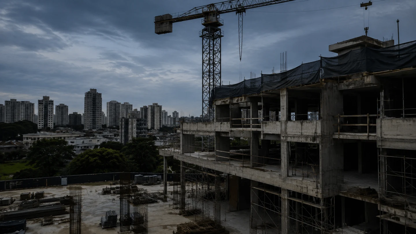 Estrutura de concreto de uma incorporação sob céu carregado