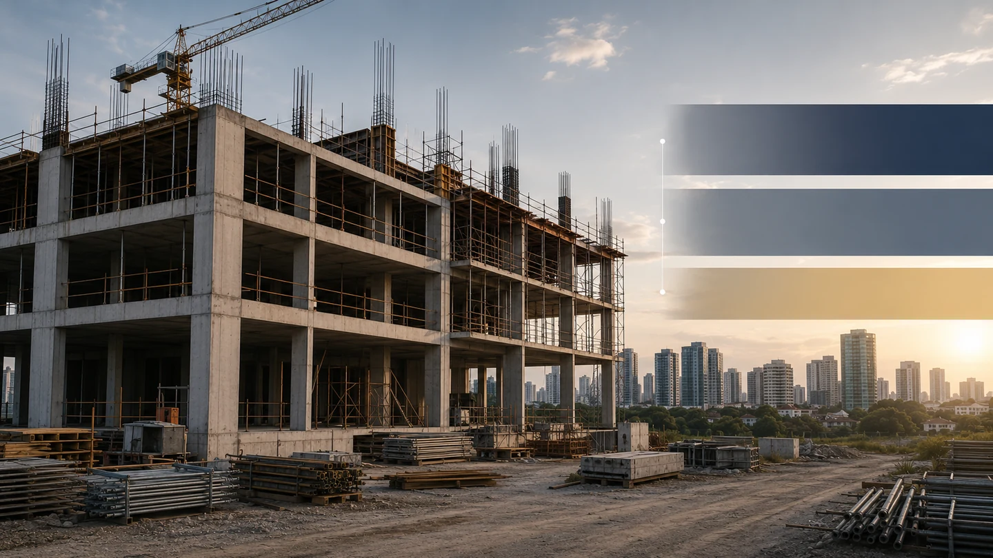 Edifício em construção com três faixas representando a transição das fontes de capital